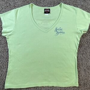 Harley Davidson V neck Womens Lime Green T‎ Shirt Large bikercore Outdoor logo